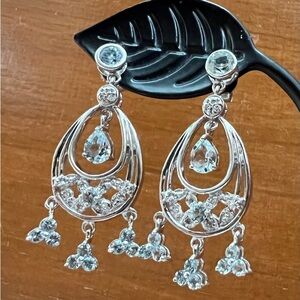 Vintage 10K White Gold Aquamarine & Diamond Chandelier Drop Dangle Earrings